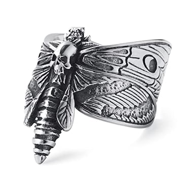 KIRTIJW Skull Rings for Men Stainless Steel Gothic Punk Biker DeathsHead Hawkmoth Rings Jewelry for Men Size 10