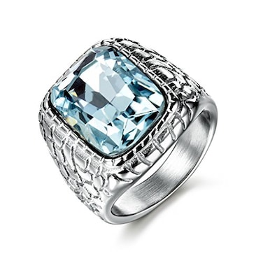 MASOP Big Large Blue Aquamarine Color Mens Stainless Steel Rings Wedding Mids Ring Silver Color Size 9