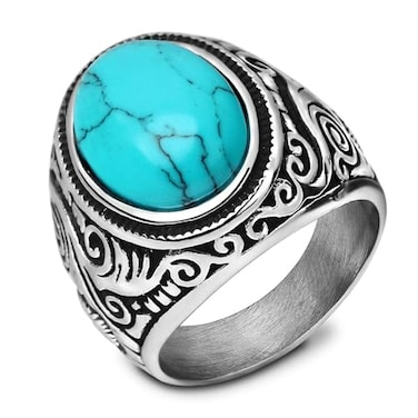 MYNENEY Retro Vintage Stone Rings for Men Turquoise Rings Stainless Steel Signet Biker Band blue 9