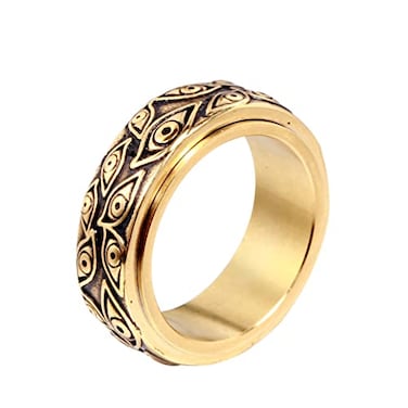 PMTIER Mens 9mm Vintage Stainless Steel Engraved Eye of God Rotatable Ring Gold Black Tone Size 7