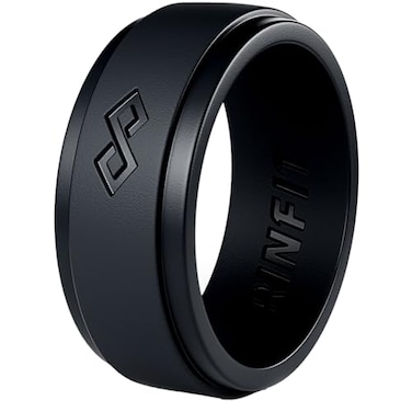 Rinfit Silicone Rings for Men 9mm Wide 2mm Thick Mens Rubber Wedding Bands Infinity Silicone Rings for Him Patented Design Black Size 7