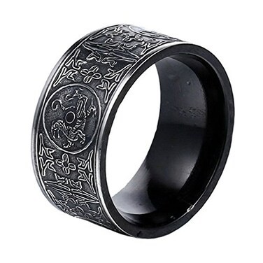 SINLEO Mens Stainless Steel Chinese Ancient 4 Guardian Beasts Ring Dragon White Tiger Suzaku Basalt Carved Black Size 11