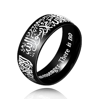 Tobestu 8mm Muslim Allah Engraved Shahada Stainless Steel Black Titanium Ring Islam Arabic God Mantra Ring for Men Black size 6 Y5432D