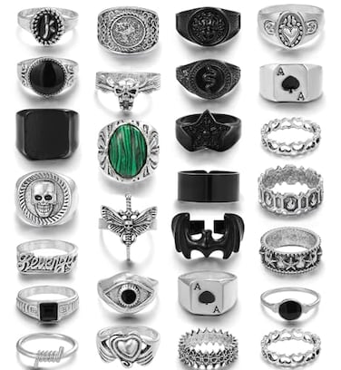 YANJINMY 27 Pcs Vintage Silver Punk Rings for Men Cool Gothic Chunky Rings Set Mens Signet Skull Snake Bat Statement Knuckle Rings