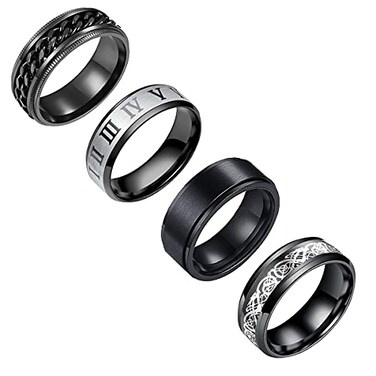 yfstyle 4PCS Stainless Steel Rings for Men Wedding Ring Cool Simple Band Rings for Men Black Plated Matte Finish Stackable Bands Rings Size 612black set6