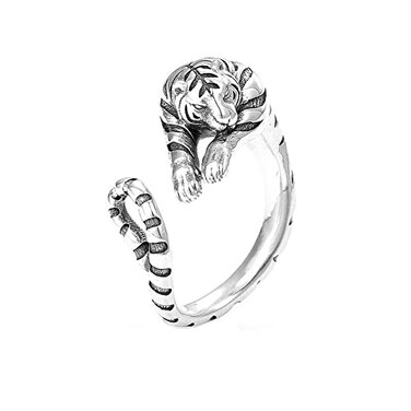 Yocoyee Unique Punk Lizard Tiger Ring for Men Vintage Thai Silver Vivid Animal Opening Adjustable RingTiger