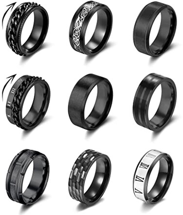 YOVORO 9Pcs Stainless Steel Band Rings for Men Women Fidget Anxiety Relief Rings Spinner Ring Wedding Promise Rings Set B7