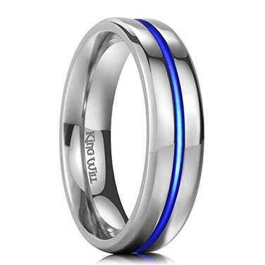 King Will 6mm Silver Titanium Rings Mens Wedding Rings Basic Blue Goove Beveled Edge Polished Wedding Band for Men Women Comfort Fit and Durable Size 14