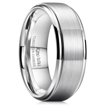 King Will Mens Silver Tungsten Carbide Ring 8mm Polished Step Edge Matte Brushed Finish Center Wedding Band14