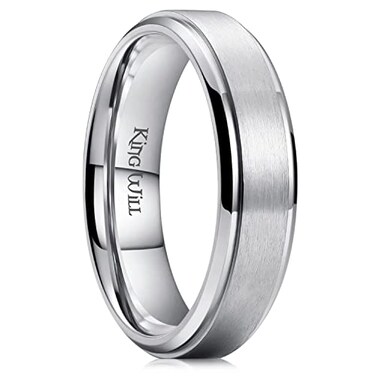 King Will Sliver Titanium Wedding Ring for Men Women6mm Width Wedding Band Brushed Finished Engagement Ring Stepped Edge Design Comfort Fit Size 105