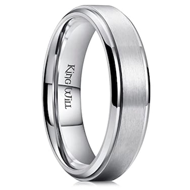 King Will Sliver Titanium Wedding Ring for Men Women6mm Width Wedding Band Brushed Finished Engagement Ring Stepped Edge Design Comfort Fit Size 65