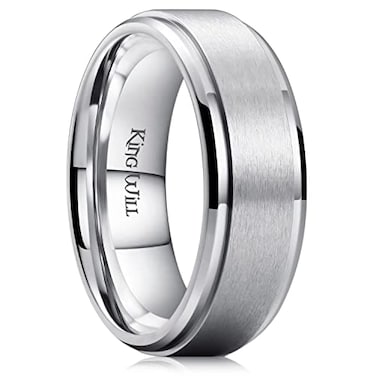 King Will Sliver Titanium Wedding Ring for Men Women8mm Width Wedding Band Brushed Finished Engagement Ring Stepped Edge Design Comfort Fit Size 95