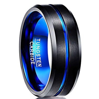 NUNCAD Black Tungsten Carbide Wedding Ring 8mm Blue Line Matte Finish Comfort Fit Size 95