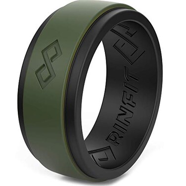 Rinfit Silicone Rings for Men 9mm Wide 2mm Thick Mens Rubber Wedding Bands Infinity Ring with 2 Layers Black Army Green Size 9