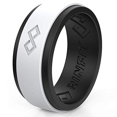 Rinfit Silicone Rings for Men 9mm Wide 2mm Thick Mens Rubber Wedding Bands Infinity Ring with 2 Layers Black White Size 12