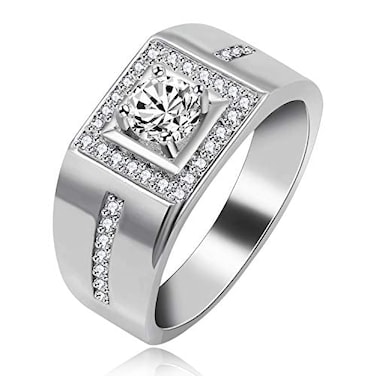 Tobestu Rhodium Plated Simulated Diamond Square Wedding Band Rings for Men Engagement Promise Anniversary Ring for Him Platinum Size 8 KR2012D