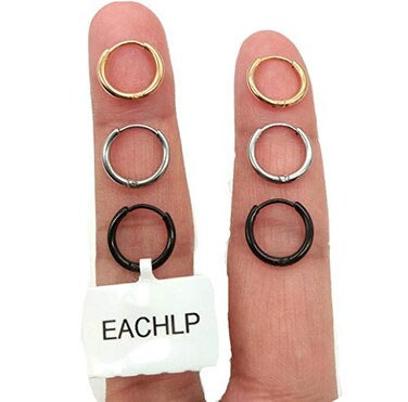 EACHLP Gold Silver Black Plated Stainless Steel Endless Cartilage Hoops 9MM Tiny Sleeper Thin Hoop Earrings for BoyGirl Nose Ring Helix Septum Daith Lobe Tragus Rook Second Third Hole Body Piercing