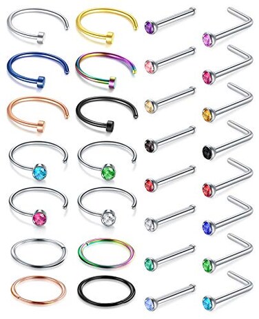 LAURITAMI 18g Nose Rings Surgical Steel Nose Hoops L Shaped Studs Bone Diamond Piercing Jewelry