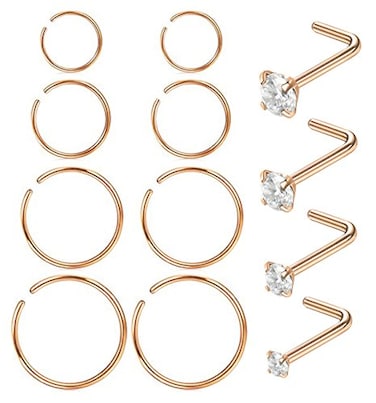 Masedy Nose Rings 12Pcs 20G 316L Stainless Steel L Shaped Nose Studs Cartilage Tragus Septum Piercing 612MM B 12Pcs Rose Gold