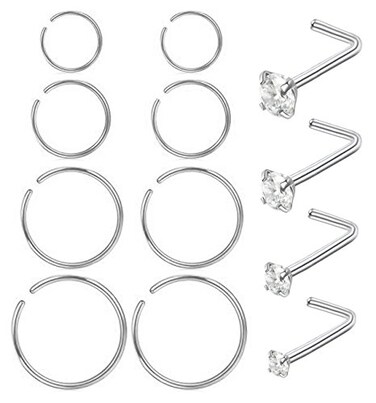 Masedy Nose Rings 12Pcs 20G 316L Stainless Steel L Shaped Nose Studs Cartilage Tragus Septum Piercing Silver