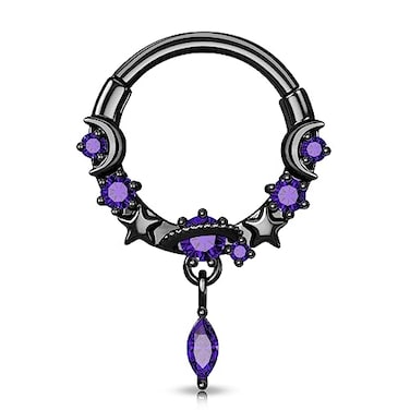 Melighting Black Septum Ring 16G Planet Septum Jewelry Surgical Steel 316L Dangle Daith Piercing Jewelry Clear CZ Helix Earring Conch Tragus Piercing for Women