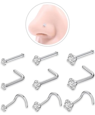 AMASIS Nose Rings Studs 9Pcs 18g Silver 316L Surgical Stainless Steel Nose Studs Hypoallergenic L ShapeCorkscrewStraight Nose Piercing Stud Jewelry for Women Men Clear Cubic Zirconia Imitation Diamond