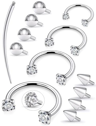 Oufksiyy Silver Horseshoe Nose Ring Surgical Steel Double Gem Stud Nose Ring 16g Lip Rings Cubic Zirconia Daith Piercing Jewelry for Women Inner Diameter 681012mm