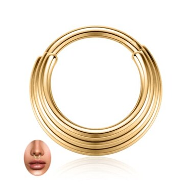 PEAKLINK Triple Stacked Septum Nose Ring Surgical Steel Daith Earring Gold Hinged Segment Nose Hoop for Tragus Rook Conch Cartilage Helix Piercing 16G 8mm