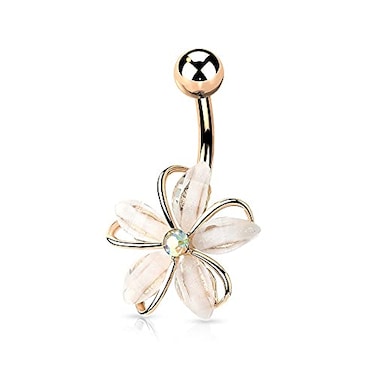 Pierced Owl 14GA Stainless Steel CZ Crystal Centered Wire Set White Flower Belly Button Ring Rose Gold Tone