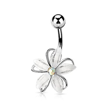Pierced Owl 14GA Stainless Steel CZ Crystal Centered Wire Set White Flower Belly Button Ring Silver Tone