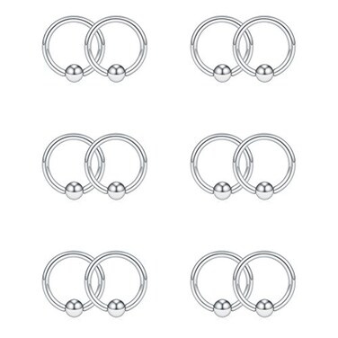 SCERRING 16G 8mm Captive Bead Piercing Ring Stainless Steel Nose Tragus Daith Helix Lip Eyebrow Hoop Rings 12PCS Silver