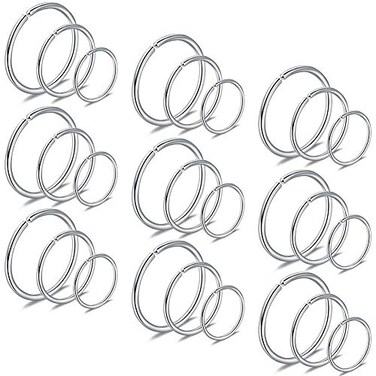 SCERRING 27PCS 22G Stainless Steel Fake Nose Septum Hoop Rings Lip Helix Cartilage Tragus Ear Ring Piercing 6mm 8mm 10mm Silver