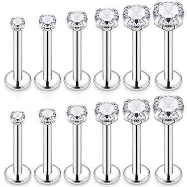 SCERRING 6 Pairs 16g Stainless Steel 245mm Prong Setting Clear CZ Internally Threaded Labret Monroe Lip Earring Ring Body Piercing Jewelry 10mm Silver