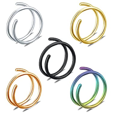 Tanreeqee 18G Double Nose Ring for Single Piercing Stainless Steel Left and Right Double Hoop Nose Ring Spiral Nose Hoops for Women Men G 5pcs