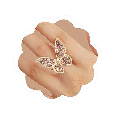 Aimimier Crystal Butterfly Ring Cubic Zirconia Open Adjustable BowKnot Knuckle Ring Sparkling Festival Prom Butterfly Jewelry for WomenGoldpurple