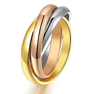 JAJAFOOK Womens Stainless Steel Goldtone Silvertone Rosetone Triple Band Interlocked Rolling Ring Rose Gold TriColor 8