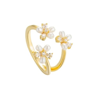 Kokoma Dainty Flower Ring for Women Sparkling Cubic Zirconia Daisy Open Statement Rings Pearl Chic Engagement Promise Ring Wrap Finger Band Pearl