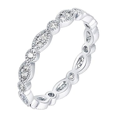 PAVOI 14K White Gold Plated Rings Cubic Zirconia Band Round Milgrain Eternity Bands White Gold Rings for Women Size 7