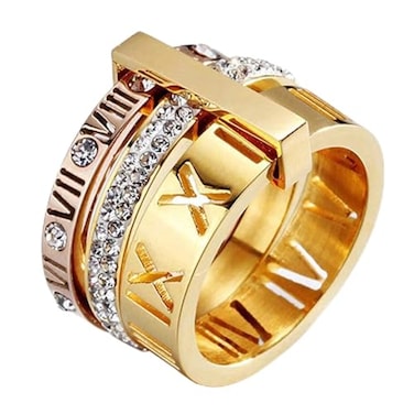 SINLEO Stainless Steel CZ Zirconia Roman Numeral Ring for Women 3 in 1 Trinity Wedding Band Spinner Rings Gold Rose Size 65
