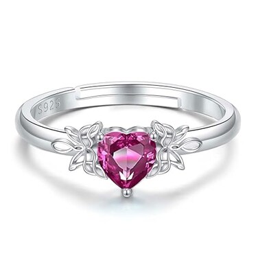 SAIERMEI July Ruby Birthstone Ring for Teens Women 925 Sterling Silver Open Adjustable Heart Band Birthday Jewelry Gift for Daughter from Mother