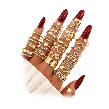 17IF 30 Pcs Gold Vintage Knuckle Ring Set for Women Boho Crystal Finger Aesthetic Pearl Sparkle Butterfly Chunky Stackable Midi Ring Pack BigHeart