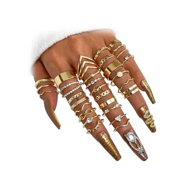 17IF 30 Pcs Gold Vintage Knuckle Ring Set for Women Boho Crystal Finger Aesthetic Pearl Sparkle Butterfly Chunky Stackable Midi Ring Pack Boho