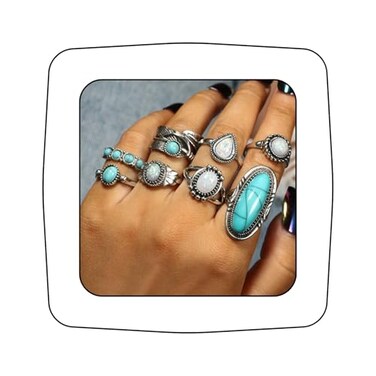 Asphinien 8 Pcs Bohemian Joint Knuckle Rings Set Oval Turquoise Finger Ring Opal Gemstone Teardrop Midi Rings Punk Leaf Index Ring for Women