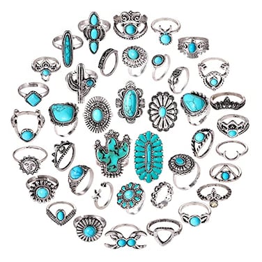 BVGA 40 Pcs Vintage Turquoise Rings for Women Bohemian Silver Oval Gemstone Western Rings Boho Joint Knuckle Midi Stacking Ring Set Gifts