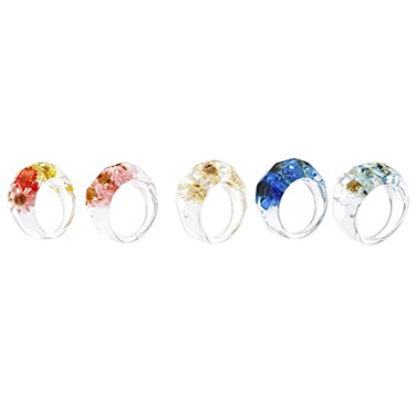 COLORFUL BLING Chunky Acrylic Dried Flower Resin Rings Set Transparent Aesthetic Wide Thick Knuckle Stacking Ring for Women Colorful Beach Colorful Boho Jewelry5pcs