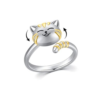 OIDIMS Cute Cat Pet Anxiety Relieve Spinner Rings Kitten Animal Fidget Open Adjustable Ring Sterling Silver Plated Worry Stress Relieving Boredom ADHD Autism Jewelry Stacking Finger Promise Engagement