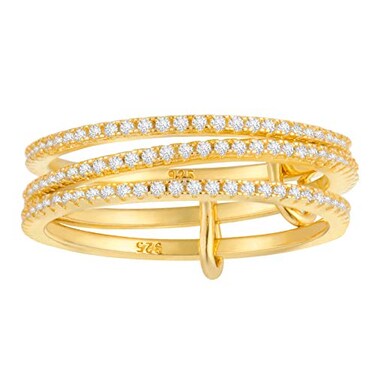 espere Rhodium Plated Sterling Silver Dainty Three Band Ring Womens CZ Triple Eternity Ring Thin Wedding Band for Stacking Yellow Gold 4