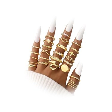 FAXHION 2460 Pcs Gold Stackable Rings for Women Knuckle Rings Chunky Gold Ring Set Dainty Stacking Cute Rings Multiple Sizes Cute Jewelry Set Gift Gold24 Pcs