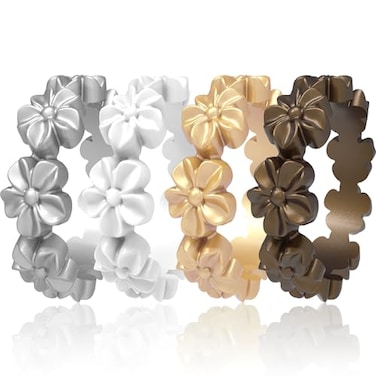 icooci 74 Packs Silicone Rings for Women Soft and Pretty Comfortable Breathable Stackable Rings Lightweight Rubber Womens Engagement Ring Wedding Band Lucky Flower CollectionSize 07