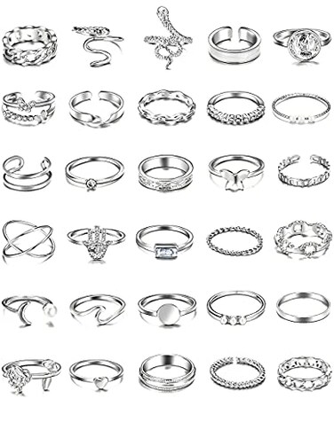 iF YOU 30 Pcs Vintage Knuckle Rings Set Boho Butterfly Snake Stackable Finger Rings for Women Silver Midi Rings Pack